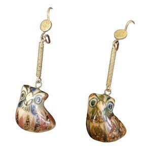 Owl Ceramic Earrings Artisan Handmade Pierced Silver Dangle